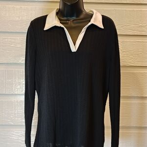 NAVY WOMENS LARGE TOMMY HILFIGER COLLARED CABLE KNIT PULLOVER PREPPY ACADEMIA
